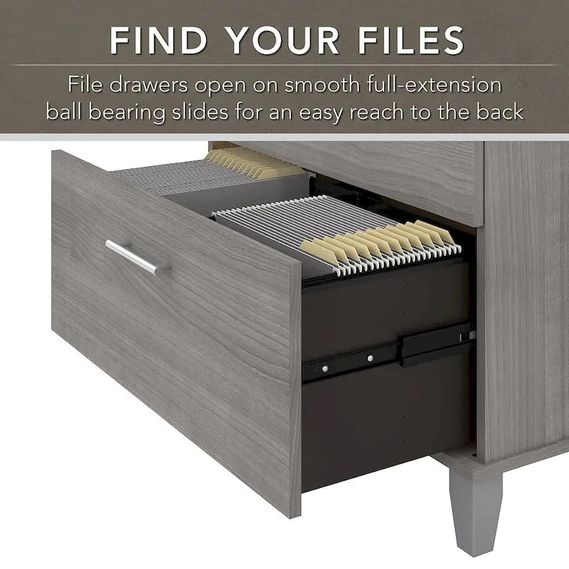 Bureau d'angle en L Somerset 72W avec huche, armoire et bibliothèque en gris