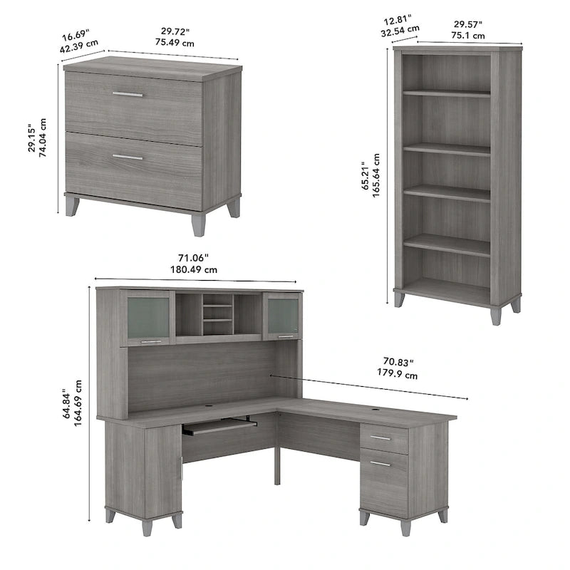 Bureau d'angle en L Somerset 72W avec huche, armoire et bibliothèque en gris