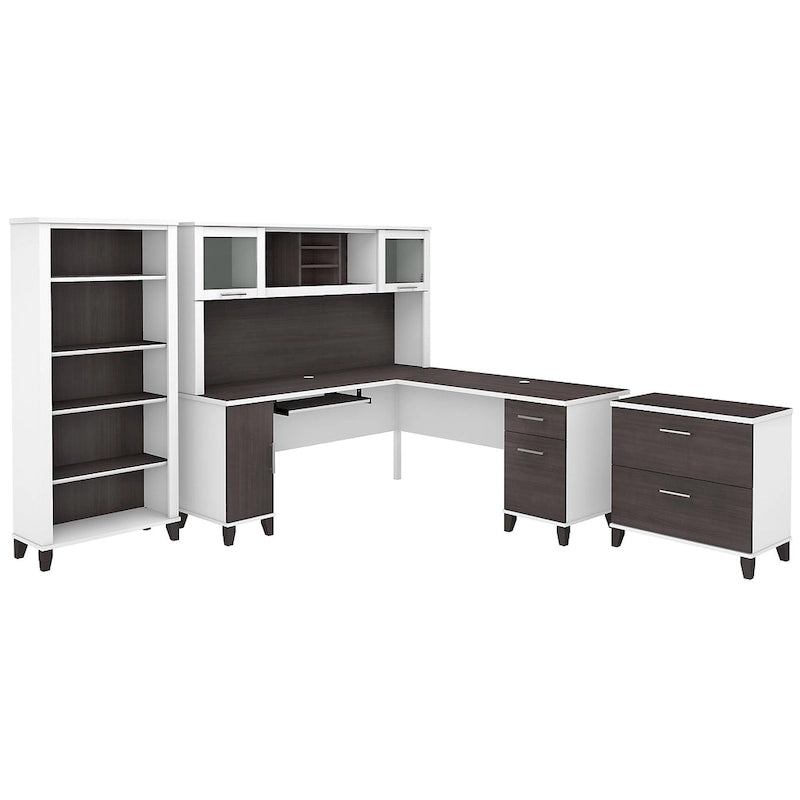 Bureau d'angle en L Somerset 72W avec huche, armoire et bibliothèque en gris