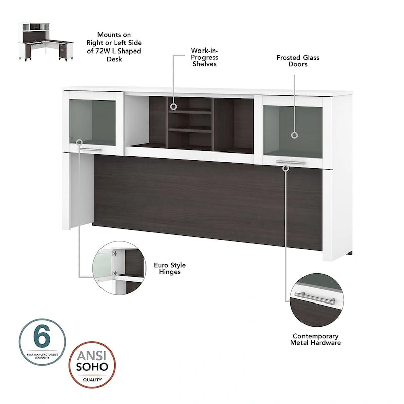 Bureau d'angle en L Somerset 72W avec huche, armoire et bibliothèque en gris