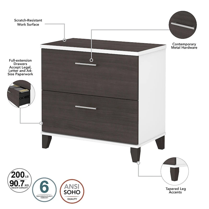 Bureau d'angle en L Somerset 72W avec huche, armoire et bibliothèque en gris