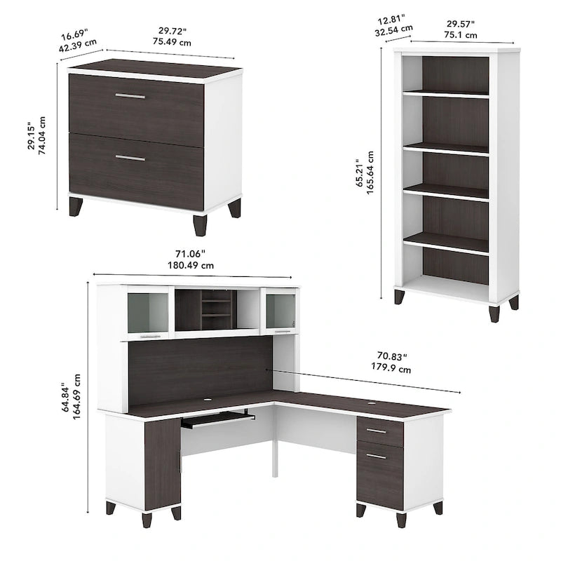 Bureau d'angle en L Somerset 72W avec huche, armoire et bibliothèque en gris