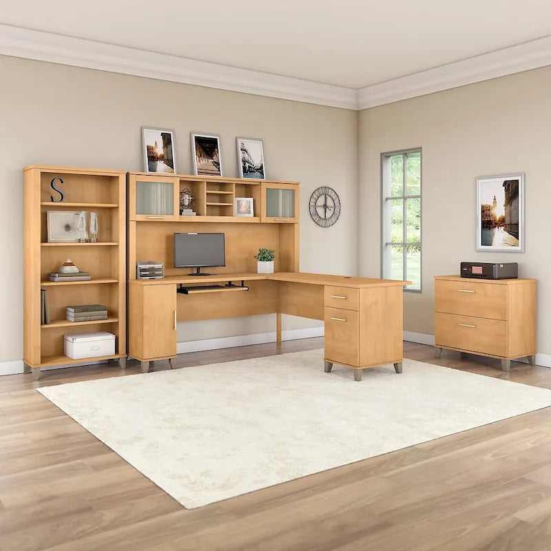 Bureau d'angle en L Somerset 72W avec huche, armoire et bibliothèque en gris