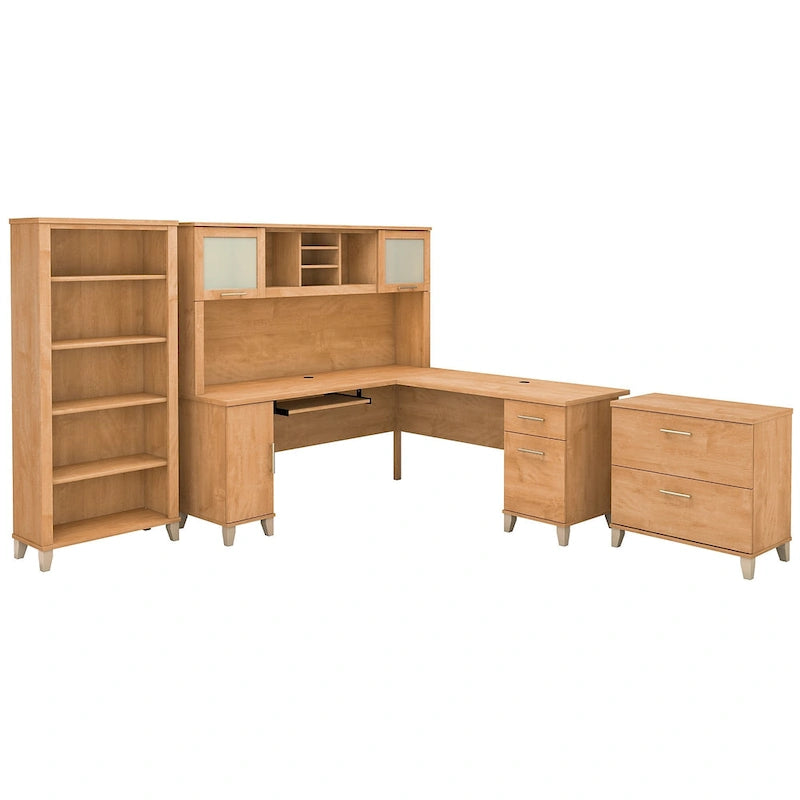 Bureau d'angle en L Somerset 72W avec huche, armoire et bibliothèque en gris