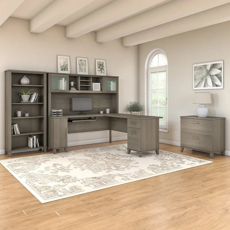 Bureau d'angle en L Somerset 72W avec huche, armoire et bibliothèque en gris