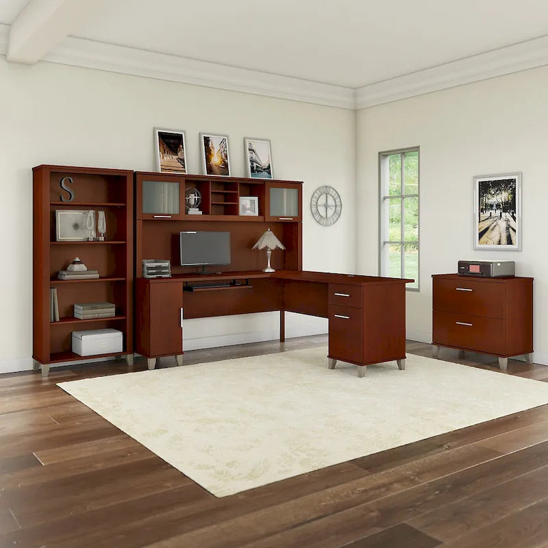 Bureau d'angle en L Somerset 72W avec huche, armoire et bibliothèque en gris