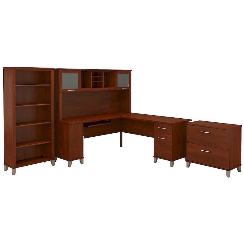 Bureau d'angle en L Somerset 72W avec huche, armoire et bibliothèque en gris