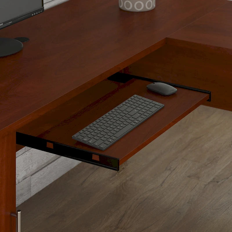 Bureau d'angle en L Somerset 72W avec huche, armoire et bibliothèque en gris