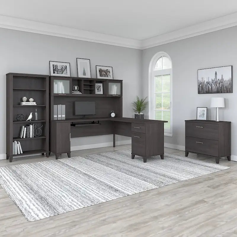 Bureau d'angle en L Somerset 72W avec huche, armoire et bibliothèque en gris