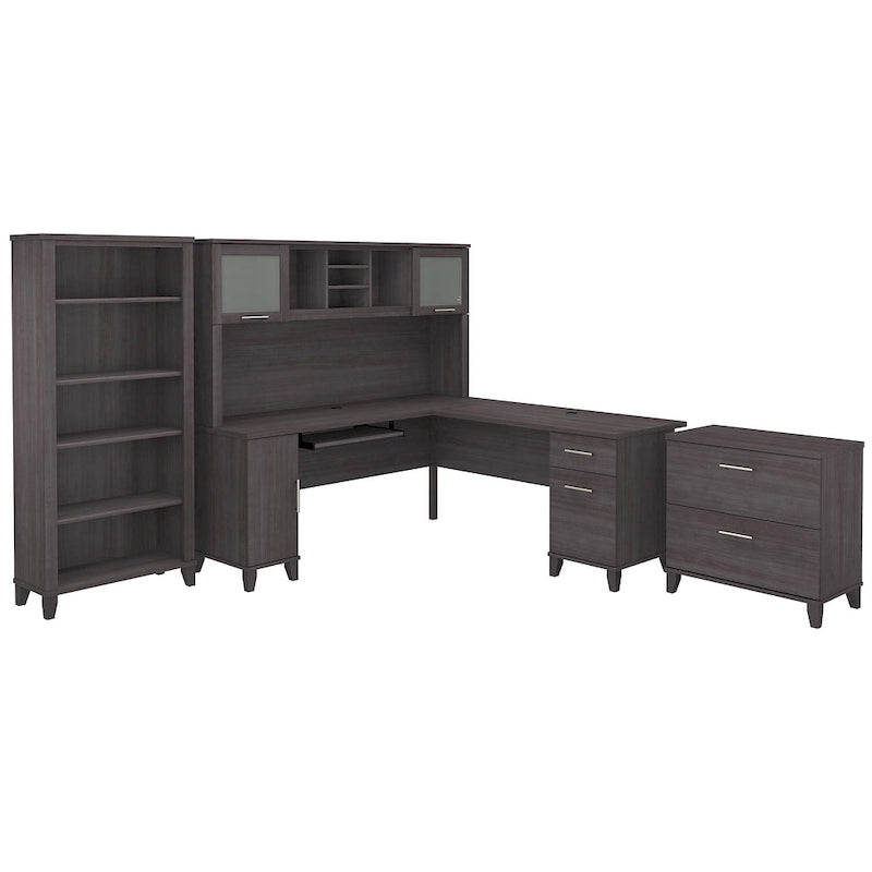 Bureau d'angle en L Somerset 72W avec huche, armoire et bibliothèque en gris