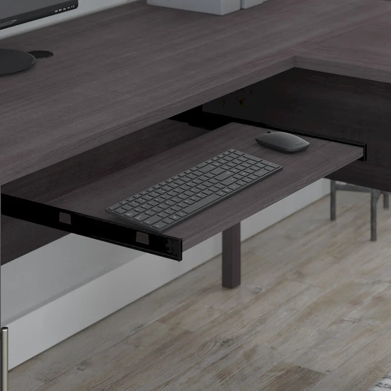 Bureau d'angle en L Somerset 72W avec huche, armoire et bibliothèque en gris