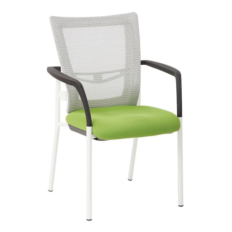 ? Chaise visiteur à dossier en maille avec assise rembourrée en tissu noir, accoudoirs et piètement à finition blanche