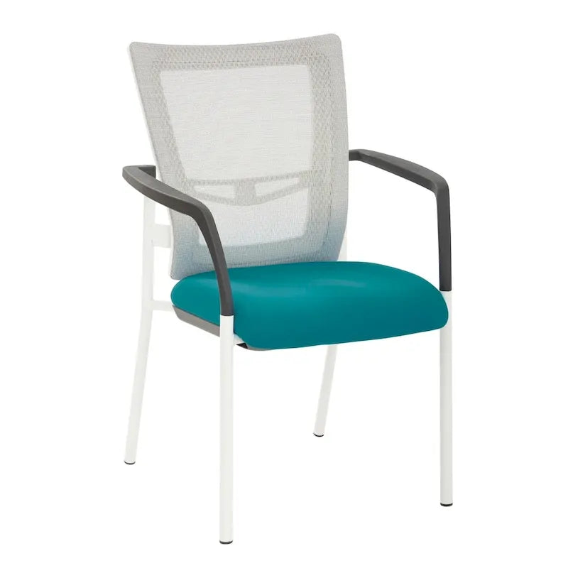 ? Chaise visiteur à dossier en maille avec assise rembourrée en tissu noir, accoudoirs et piètement à finition blanche
