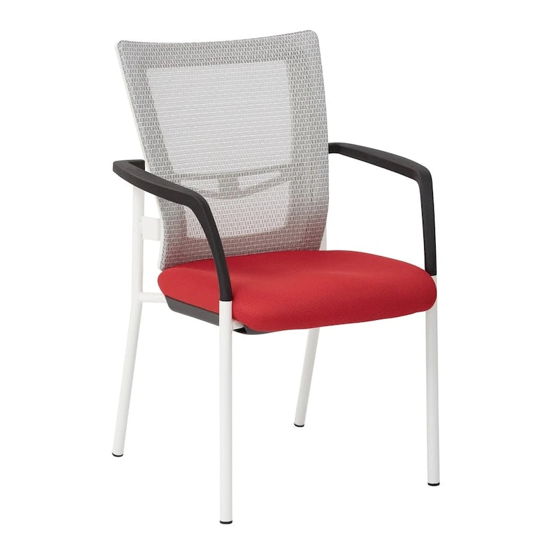 ? Chaise visiteur à dossier en maille avec assise rembourrée en tissu noir, accoudoirs et piètement à finition blanche