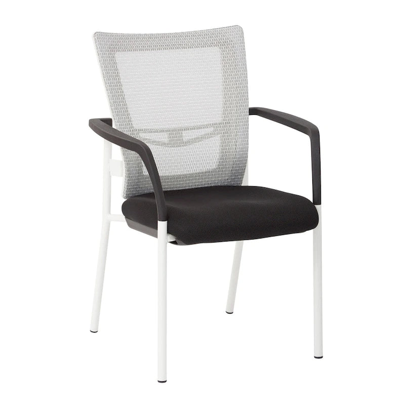 ? Chaise visiteur à dossier en maille avec assise rembourrée en tissu noir, accoudoirs et piètement à finition blanche