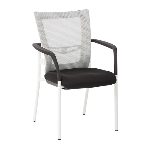 ? Chaise visiteur à dossier en maille avec assise rembourrée en tissu noir, accoudoirs et piètement à finition blanche