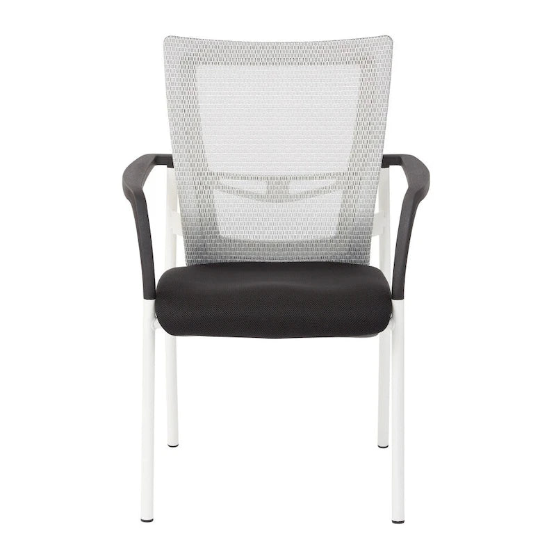 ? Chaise visiteur à dossier en maille avec assise rembourrée en tissu noir, accoudoirs et piètement à finition blanche