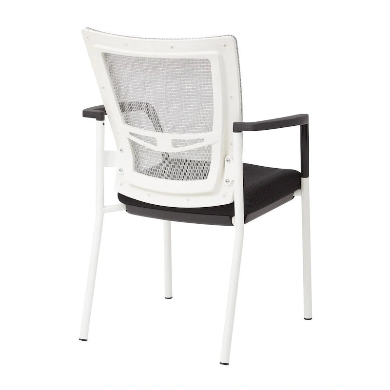 ? Chaise visiteur à dossier en maille avec assise rembourrée en tissu noir, accoudoirs et piètement à finition blanche
