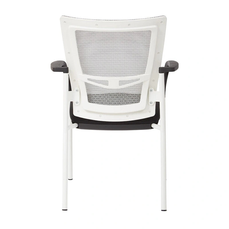 ? Chaise visiteur à dossier en maille avec assise rembourrée en tissu noir, accoudoirs et piètement à finition blanche