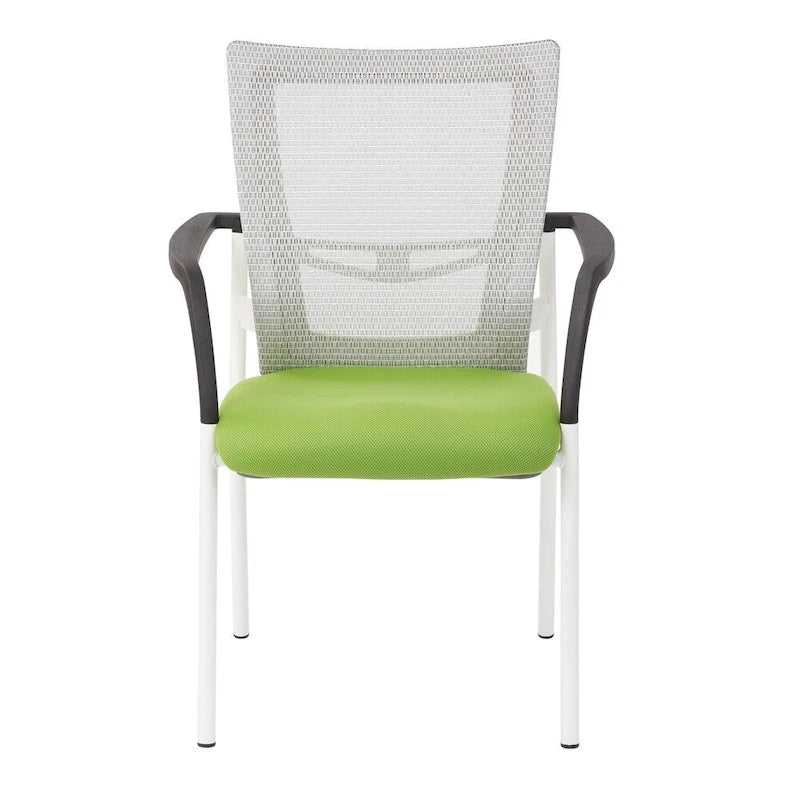 ? Chaise visiteur à dossier en maille avec assise rembourrée en tissu noir, accoudoirs et piètement à finition blanche