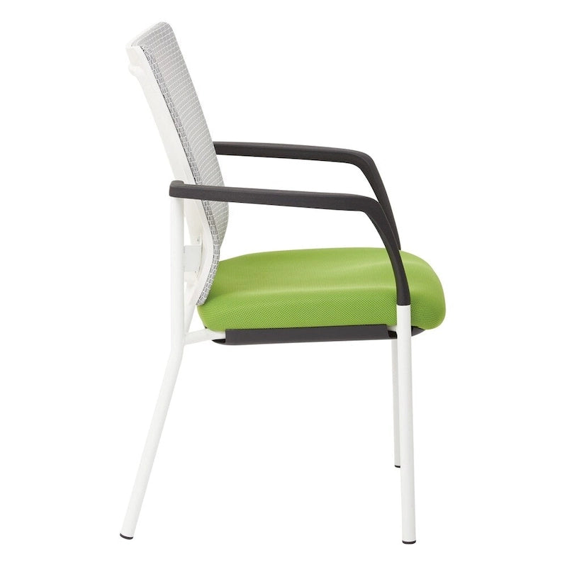 ? Chaise visiteur à dossier en maille avec assise rembourrée en tissu noir, accoudoirs et piètement à finition blanche