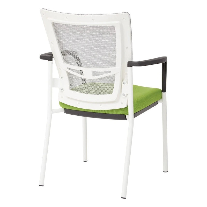 ? Chaise visiteur à dossier en maille avec assise rembourrée en tissu noir, accoudoirs et piètement à finition blanche