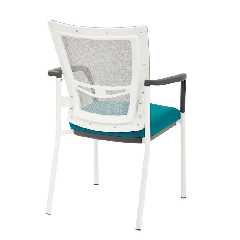 ? Chaise visiteur à dossier en maille avec assise rembourrée en tissu noir, accoudoirs et piètement à finition blanche