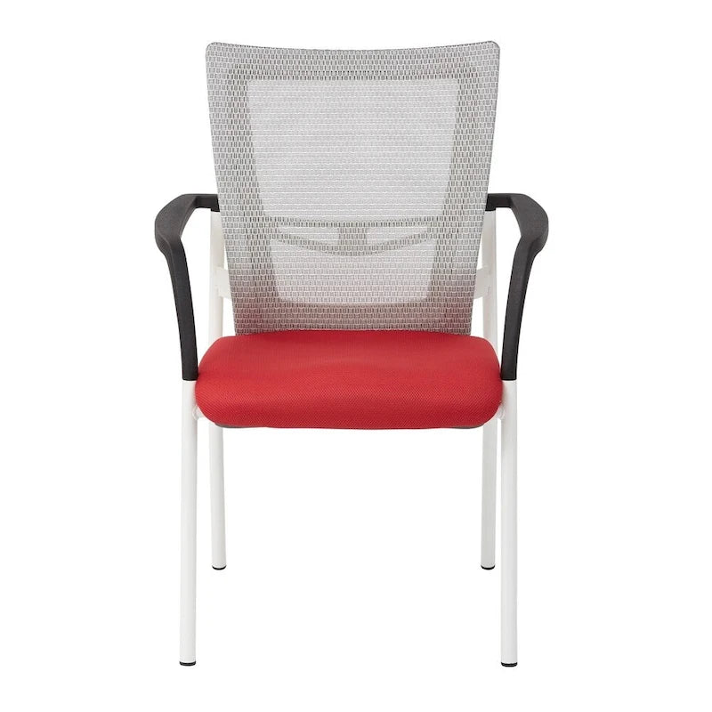 ? Chaise visiteur à dossier en maille avec assise rembourrée en tissu noir, accoudoirs et piètement à finition blanche