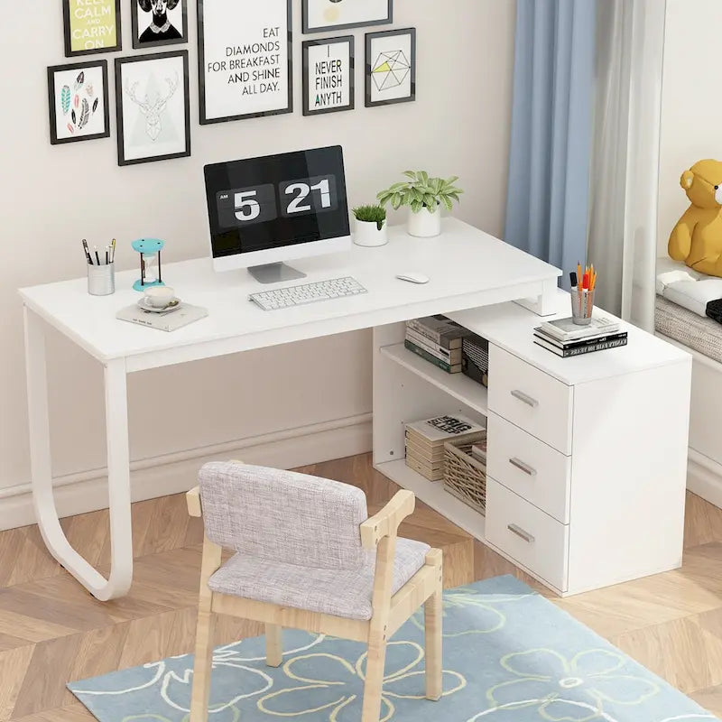 Bureau d'ordinateur en forme de L de 55" - Poste de travail avec rangement - 5 couleurs disponibles
