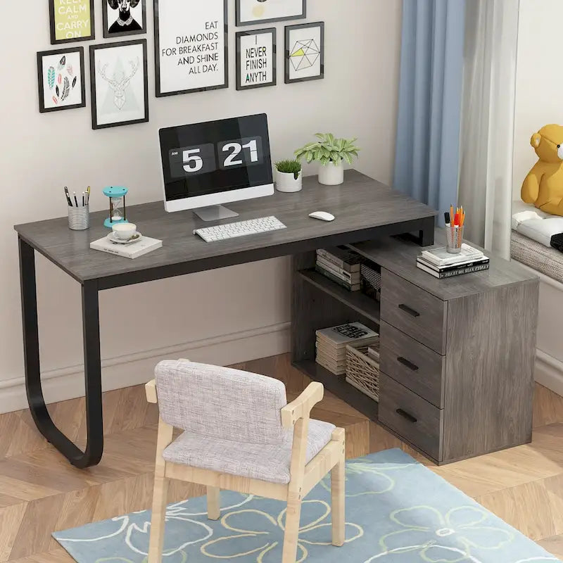 Bureau d'ordinateur en forme de L de 55" - Poste de travail avec rangement - 5 couleurs disponibles