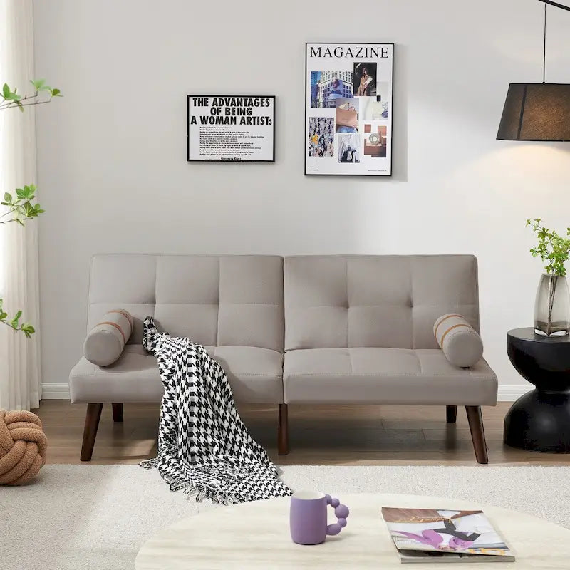 Canapé convertible futon avec pieds en bois massif en tissu de lin vert moutarde