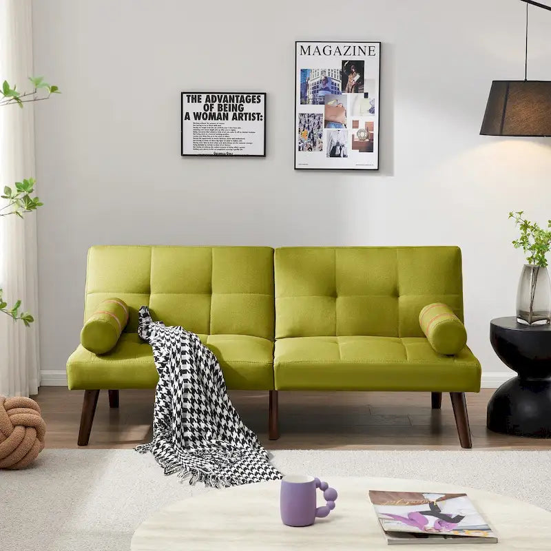Canapé convertible futon avec pieds en bois massif en tissu de lin vert moutarde