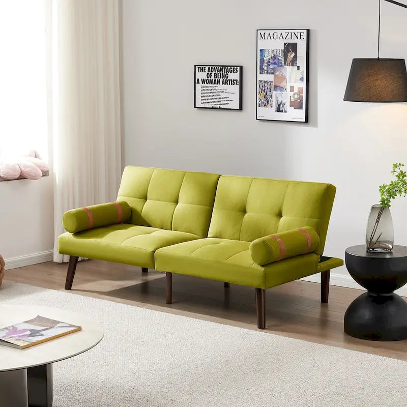 Canapé convertible futon avec pieds en bois massif en tissu de lin vert moutarde