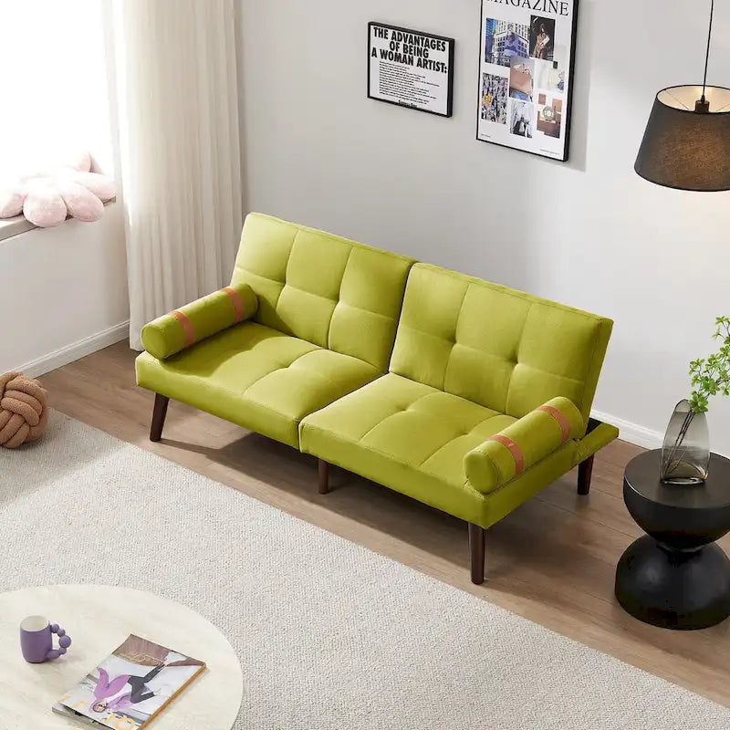 Canapé convertible futon avec pieds en bois massif en tissu de lin vert moutarde