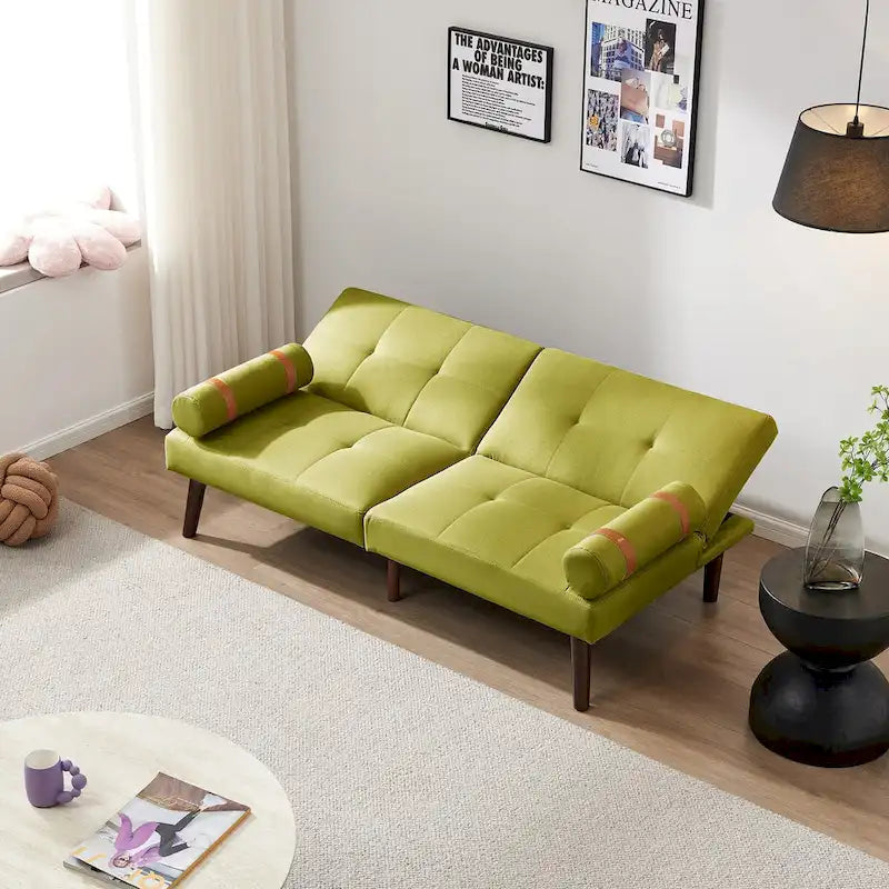 Canapé convertible futon avec pieds en bois massif en tissu de lin vert moutarde