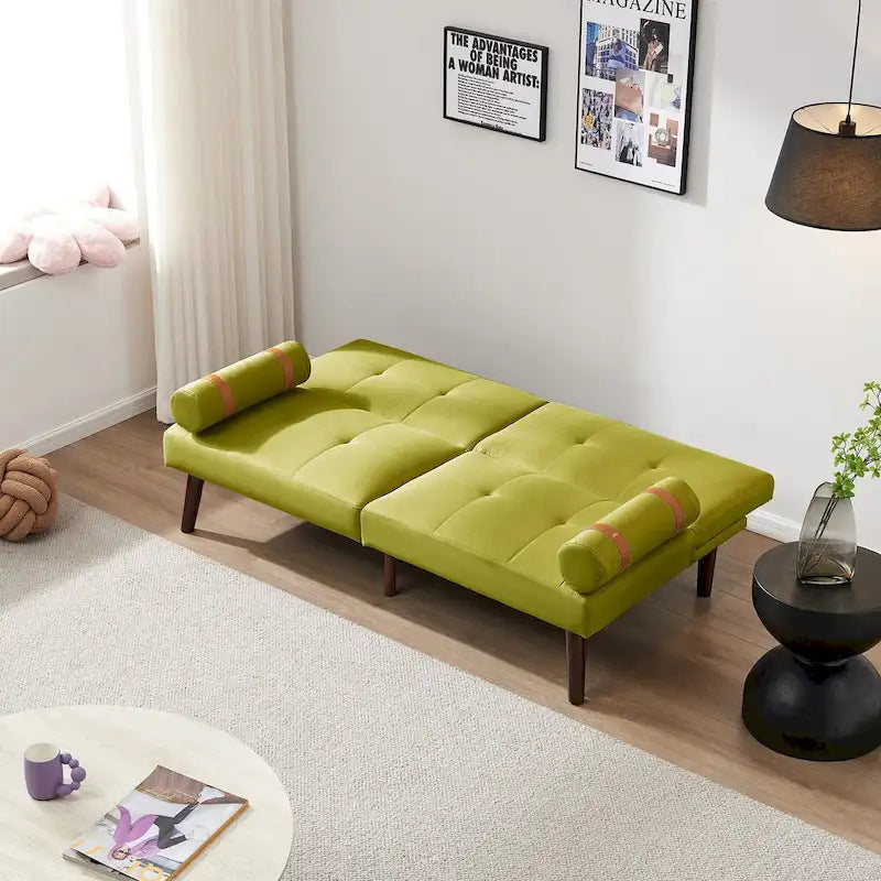 Canapé convertible futon avec pieds en bois massif en tissu de lin vert moutarde