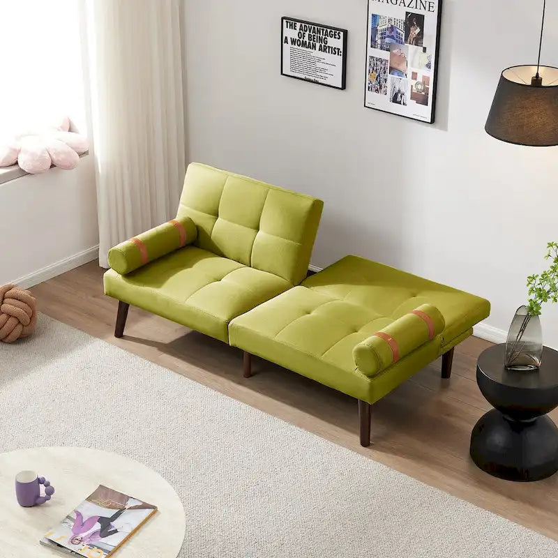 Canapé convertible futon avec pieds en bois massif en tissu de lin vert moutarde
