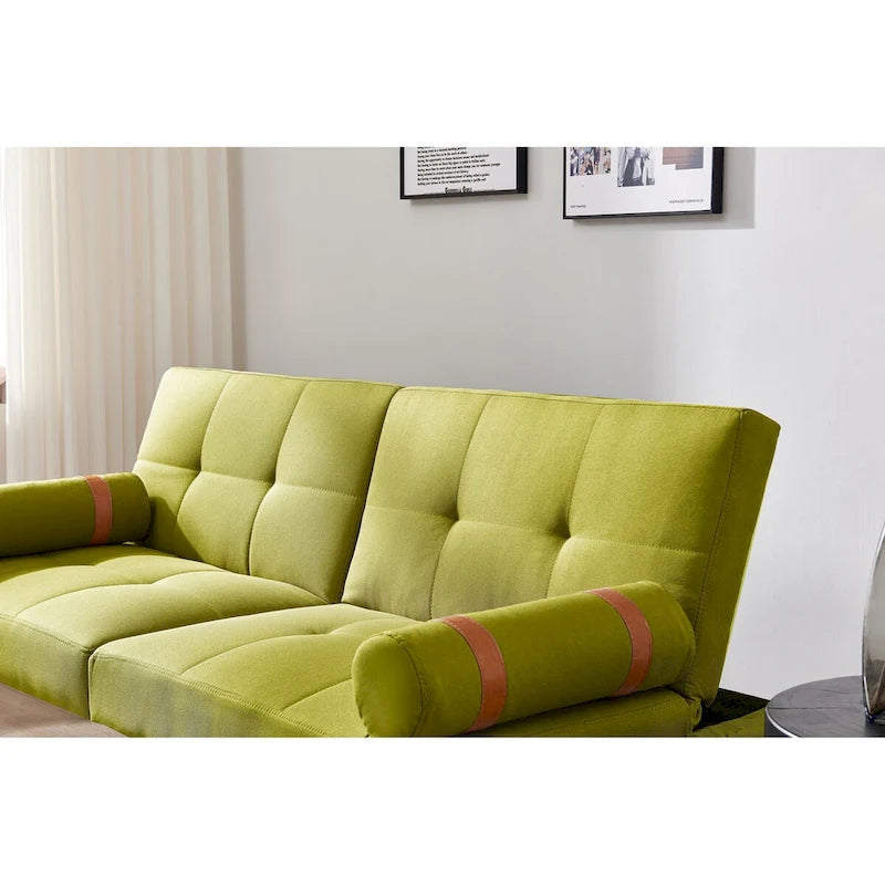 Canapé convertible futon avec pieds en bois massif en tissu de lin vert moutarde