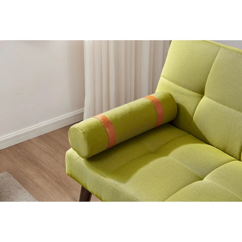 Canapé convertible futon avec pieds en bois massif en tissu de lin vert moutarde