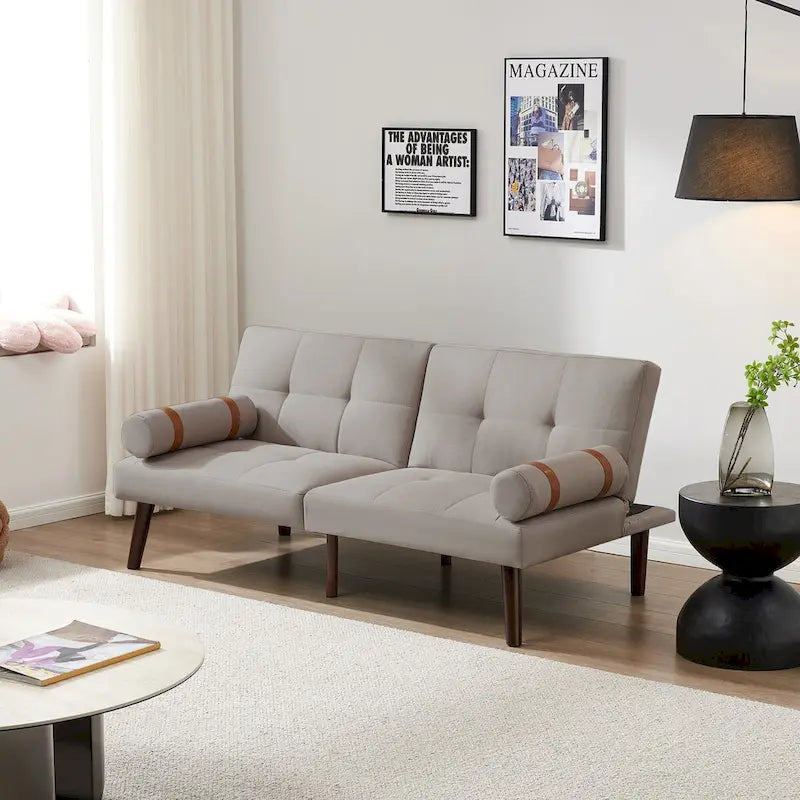 Canapé convertible futon avec pieds en bois massif en tissu de lin vert moutarde