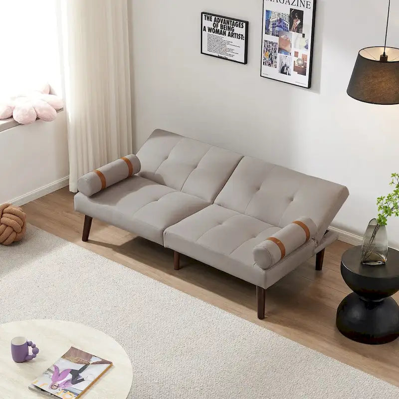 Canapé convertible futon avec pieds en bois massif en tissu de lin vert moutarde