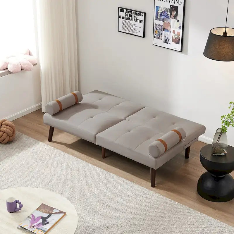 Canapé convertible futon avec pieds en bois massif en tissu de lin vert moutarde