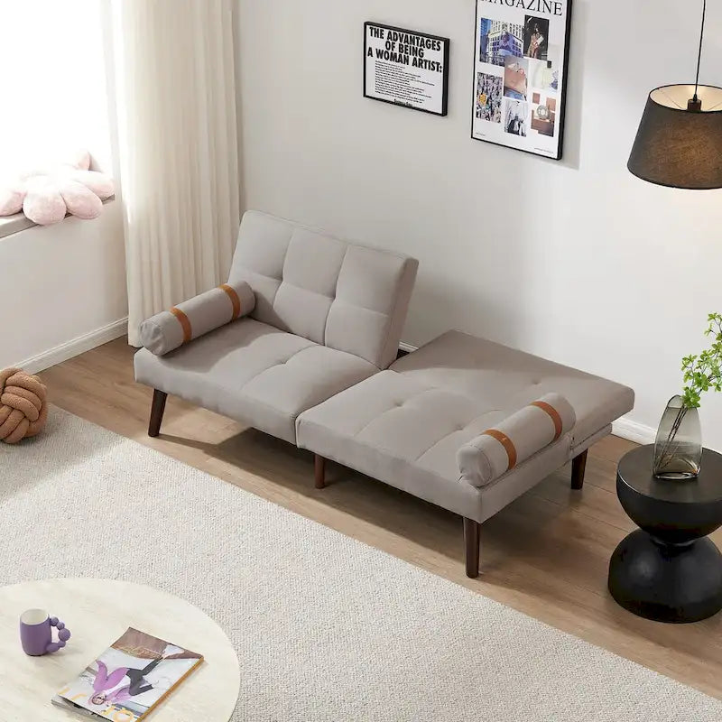 Canapé convertible futon avec pieds en bois massif en tissu de lin vert moutarde