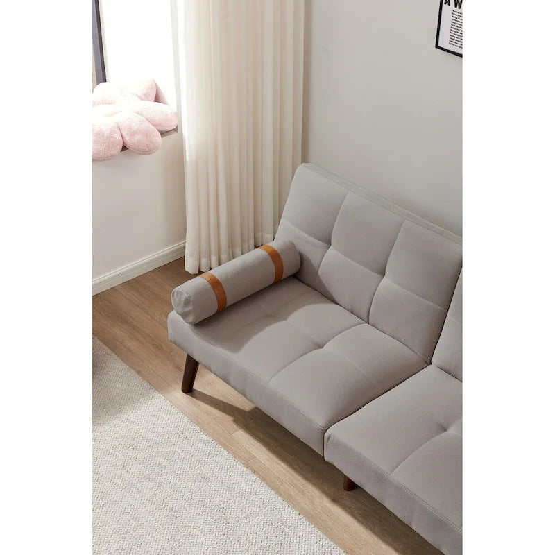 Canapé convertible futon avec pieds en bois massif en tissu de lin vert moutarde
