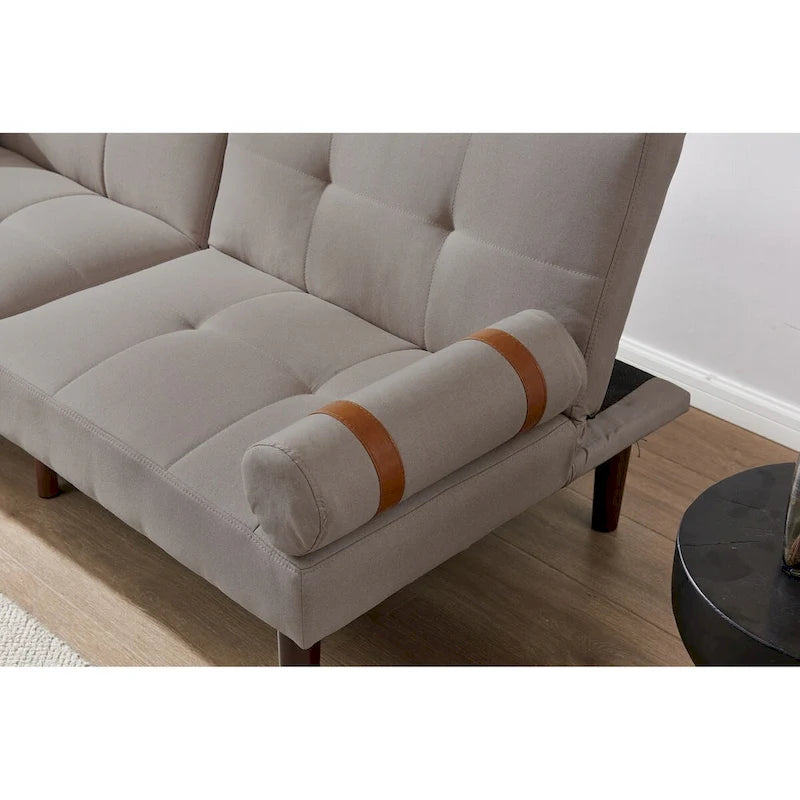 Canapé convertible futon avec pieds en bois massif en tissu de lin vert moutarde