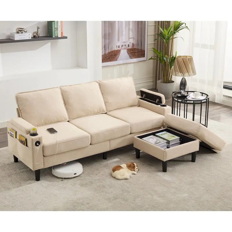 Canapé 3 places rembourré avec pouf de rangement pour salon