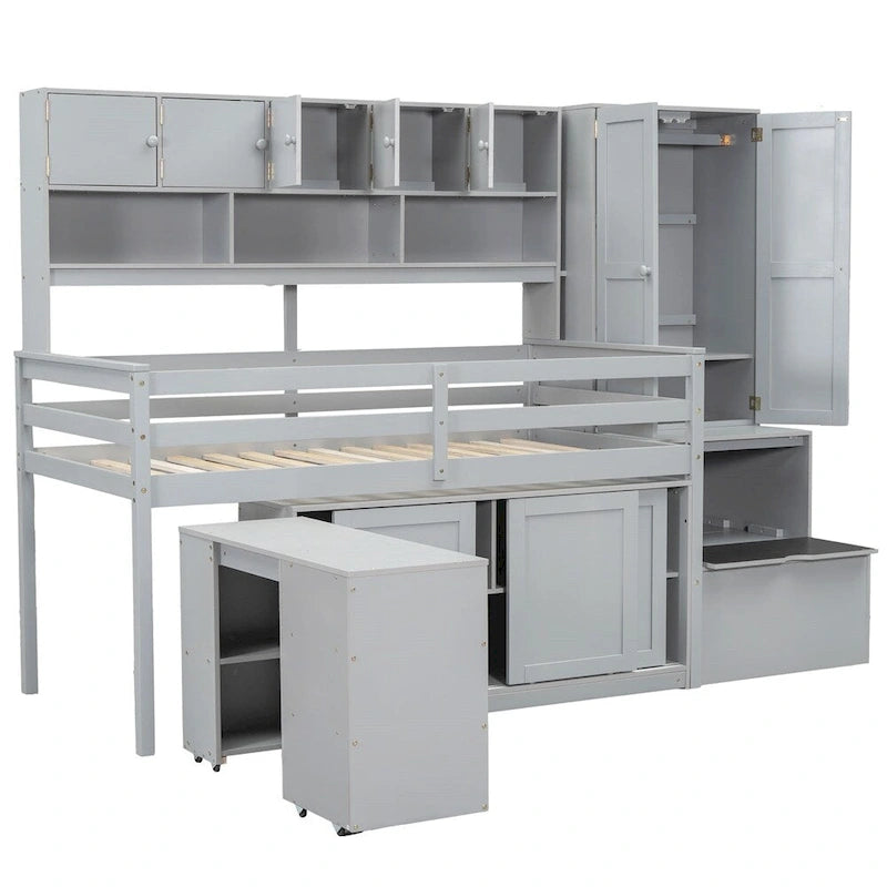 Lit mezzanine double en bois avec rangement, bureau sous le lit, tiroirs, étagères