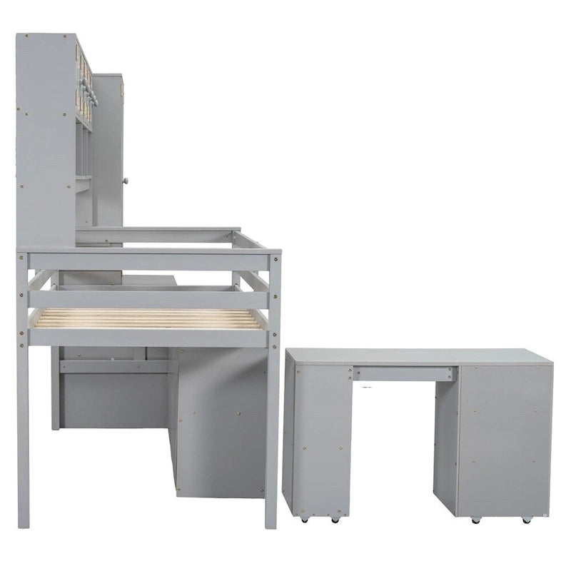 Lit mezzanine double en bois avec rangement, bureau sous le lit, tiroirs, étagères