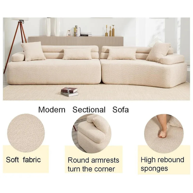 Canapé d'angle rembourré 4 places en tissu bouclé moderne avec 4 oreillers