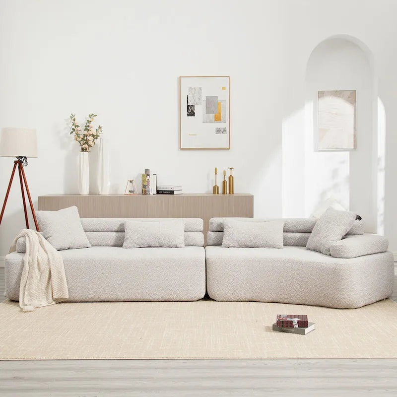 Canapé d'angle rembourré 4 places en tissu bouclé moderne avec 4 oreillers
